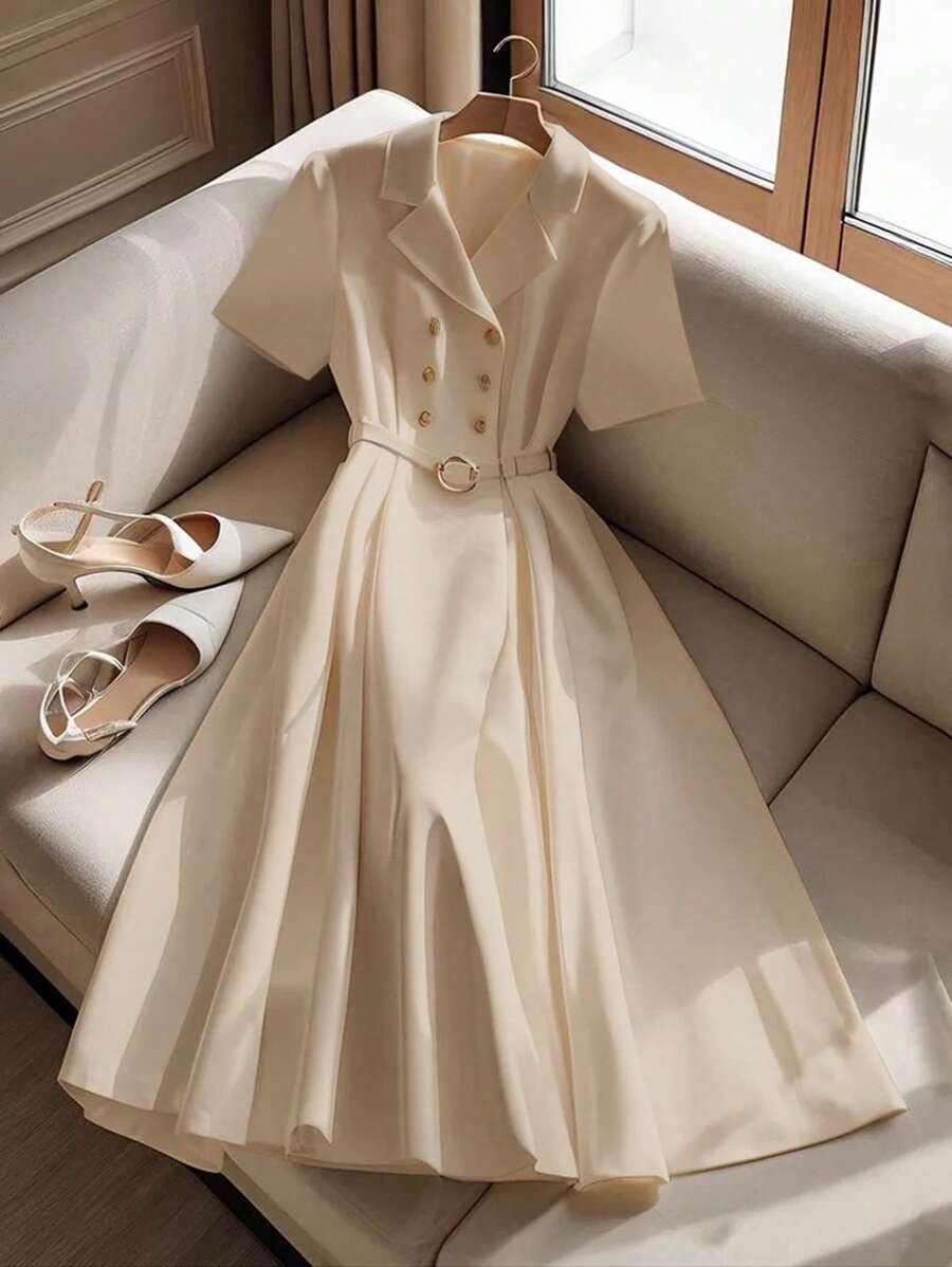 SHEIN Clasi Robe mi-longue décontractée pour femme, col châle, manches courtes, à double boutonnage, en couleur unie