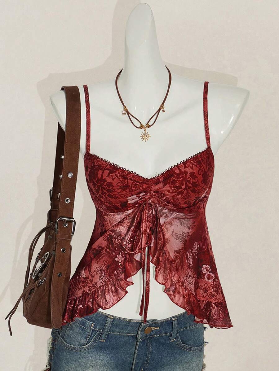 SHEIN ICON Top de tirantes tipo bata con estampado floral, volantes y escote en V, estampado de paisley al estilo bohemio de Hawai, fashionable y sexy para el verano