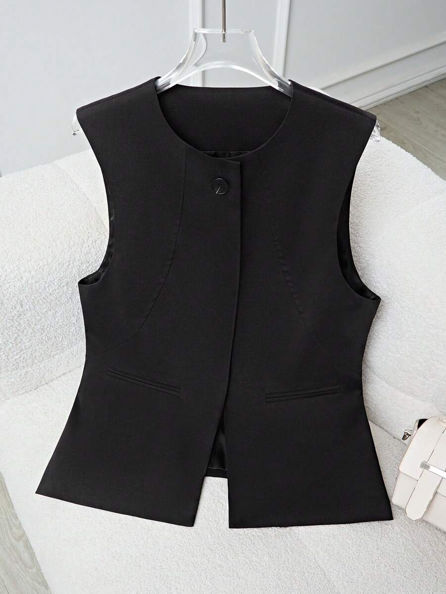 Flirla Women's Commuter Elegant Design Arcuate Split Vest Jacket, Button Pocket Decor Black Round Neck Open Front Top