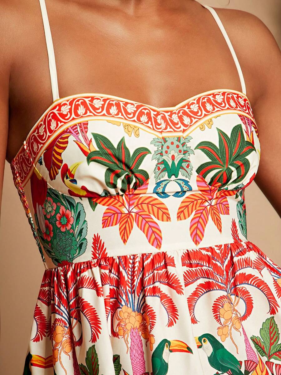 Travachic Vestido Curto Feminino Floral Estampado com Alças Tipo Espaguete, Adequado para Primavera/Verão, Estilo de Férias, Tecido Estampado Gráfico, Roupas Casuais de Férias de Verão para Mulheres, Trajes de Férias na Praia Boêmia, Estilo Boho Chic, Roupa para Show de País, Roupas de Festival de Férias, Roupas de Praia para Mulheres, Roupas de Verão para Mulheres, Estilo Velho Dinheiro, Roupa de Formatura, Vestido Solto de Verão, Vestidos de Aniversário para Mulheres