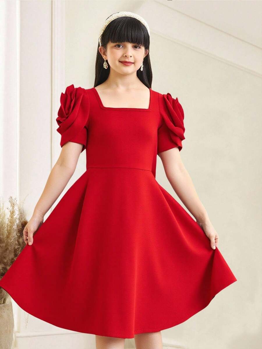 SHEIN Vestido elegante para niña preadolescente con decoración hecha a mano de flores de rosa 3D, cuello cuadrado simple y elegante, dobladillo con volantes, línea de cintura alta-baja, color rojo, apropiado para boda, fiesta, niña de las flores, cumpleaños