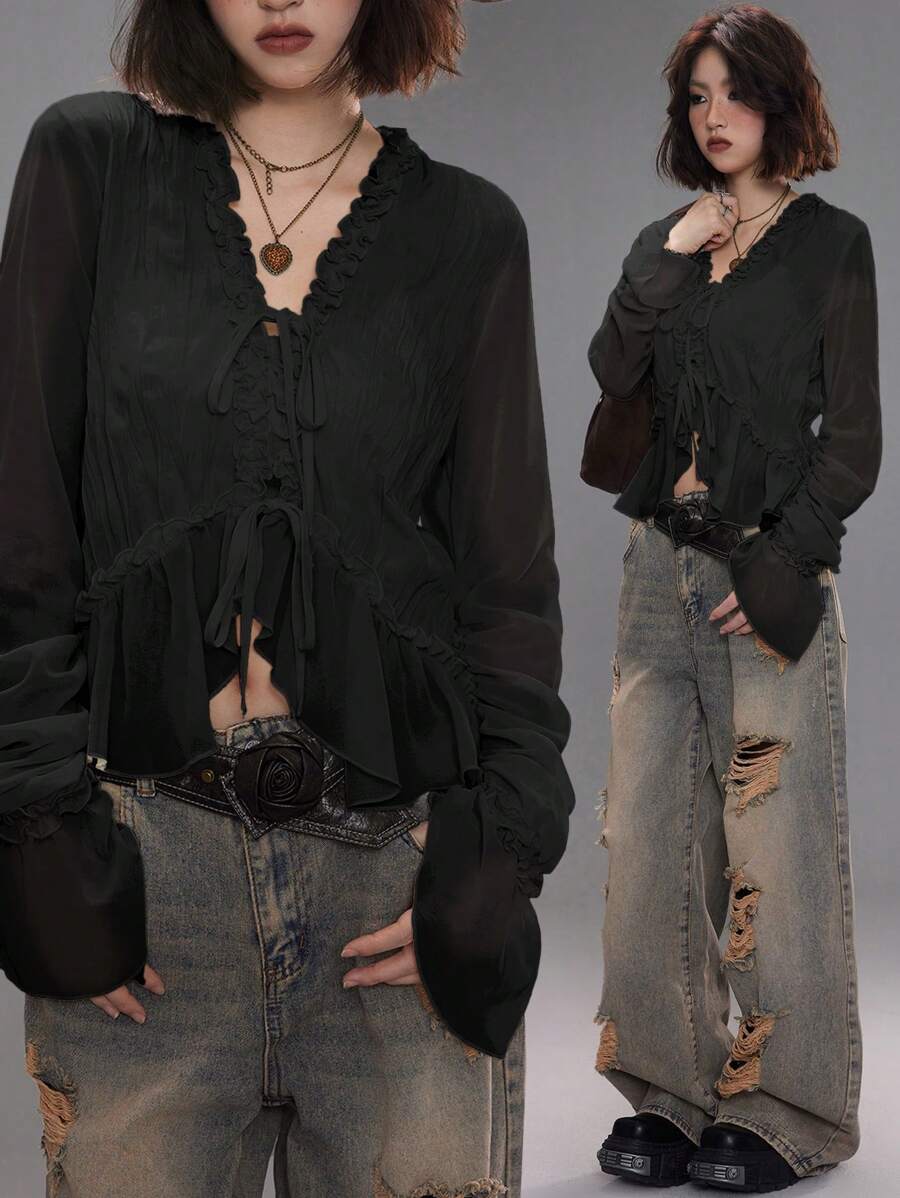 Coolane Women's Spring/Summer Date Night Concert Streetwear Textured Pleated Ruffle Blouses