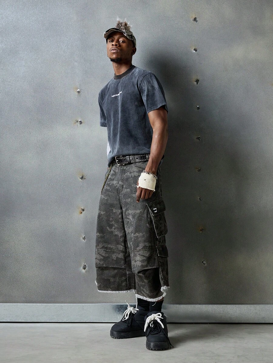 NEON BLANC Men's Street Fashion Denim Loose Wide Leg Camouflage Embroidery Decor Pocket Capri Pants, School, Streetwear Ready