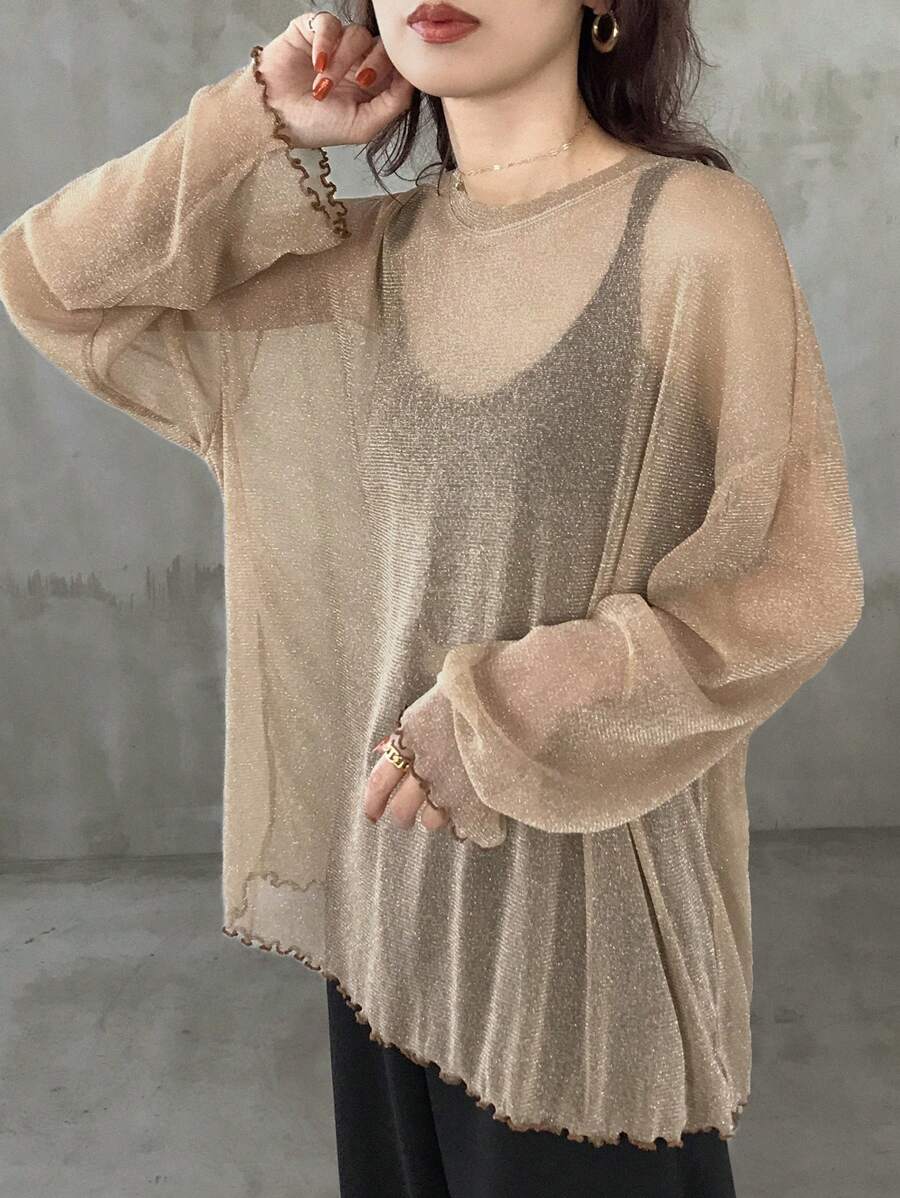 FRIFUL Blusa holgada de malla transparente con cuello redondo, prenda de capa para primavera/verano para mujeres