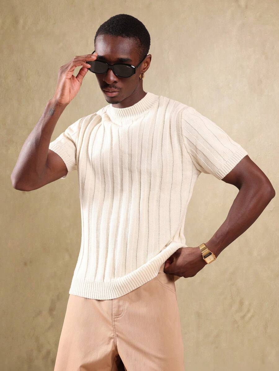 SUMWON Suéter ligero de manga corta acanalado de estilo retro clásico, con diseño lineal, ajuste muscular, de primavera y verano, para uso casual