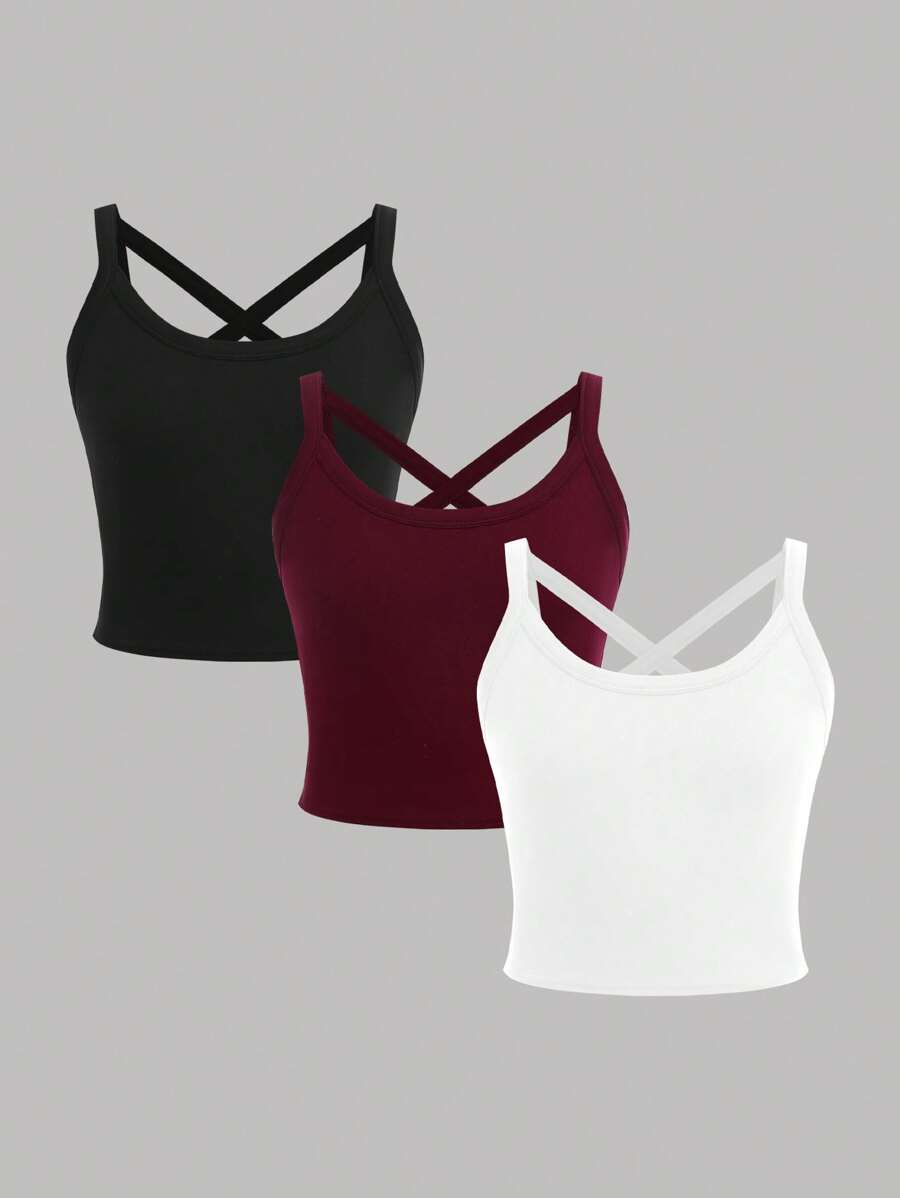 3 piezas de tops cortos casuales de niña preadolescente con espalda de tirantes y sujetador incorporado, aptos para el verano