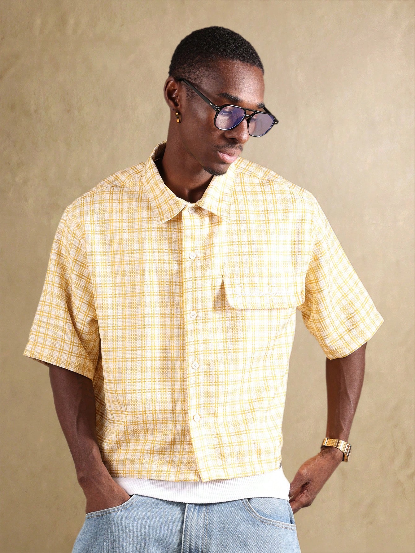 【SATIIIZ】Luper crop check shirt Casual Lightweight Textured Check Cropped Cut Button Down