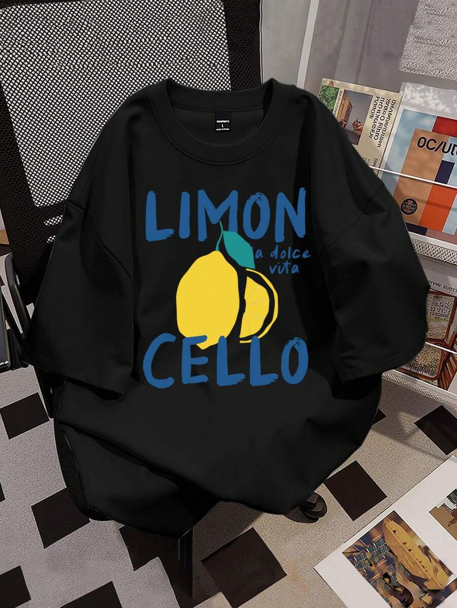 Manfinity Hypemode Camiseta ajustada de cuello redondo con gráfico de letras y limón para hombre, para el verano