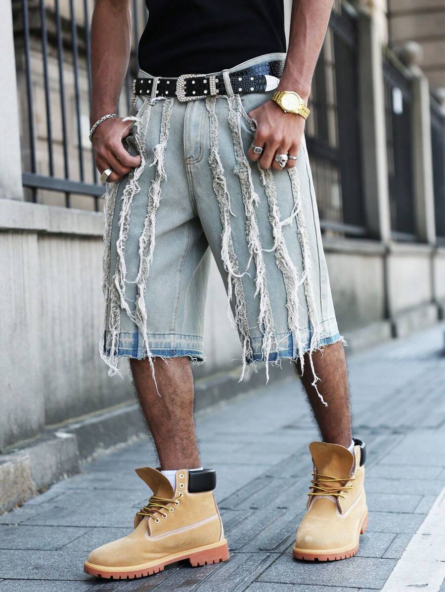 Manfinity EMRG Bermudas vaqueras casuales con bordes lavados para hombre