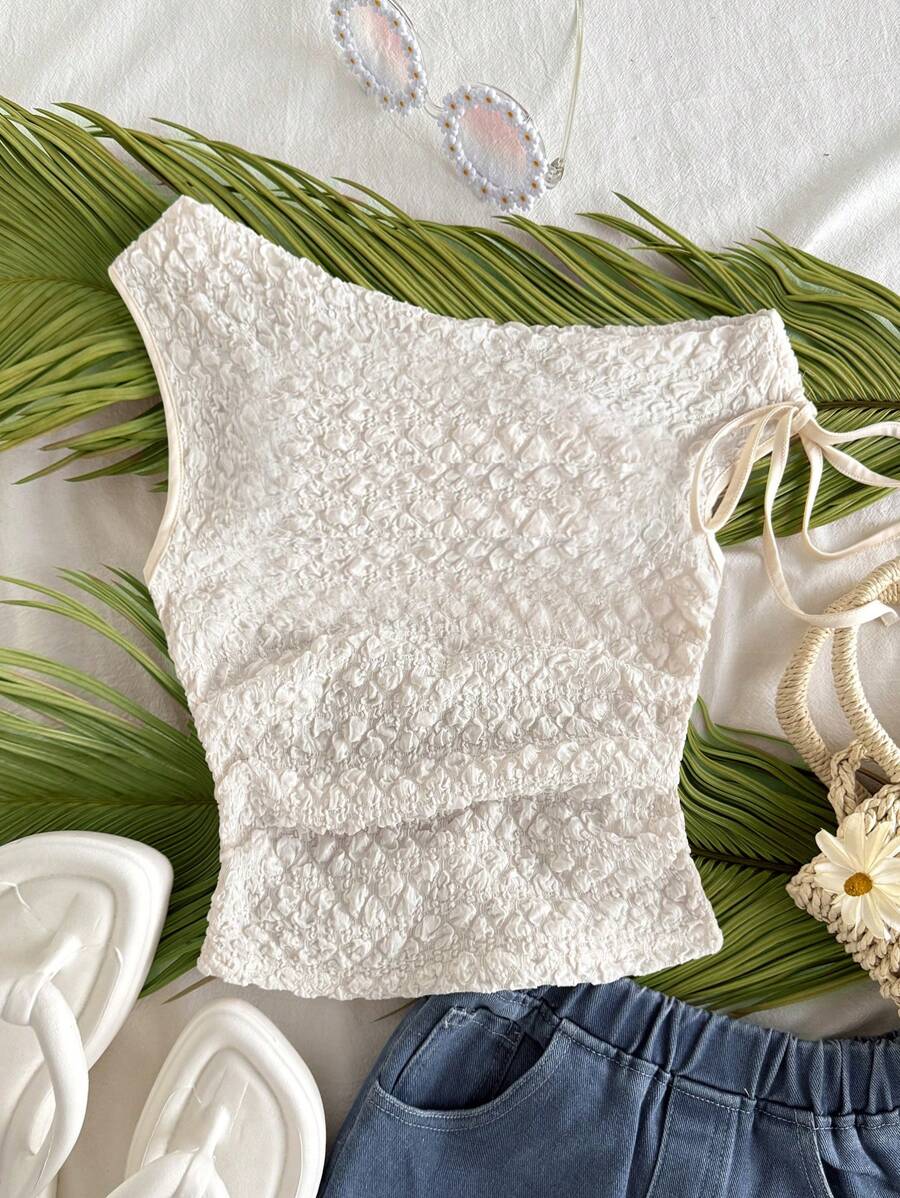 SHEIN Tween Girls Asymmetric Shoulder Textured Knit Butterfly Decor Short Sleeve T-Shirt