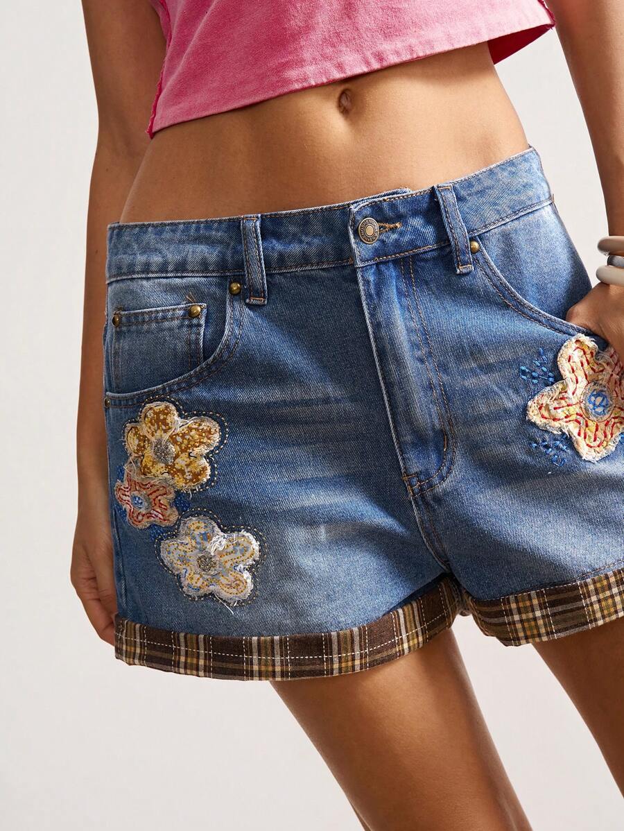 Bohemela Shorts vaqueros tejidos de unicolor con bordado, estilo campestre vintage bohemio