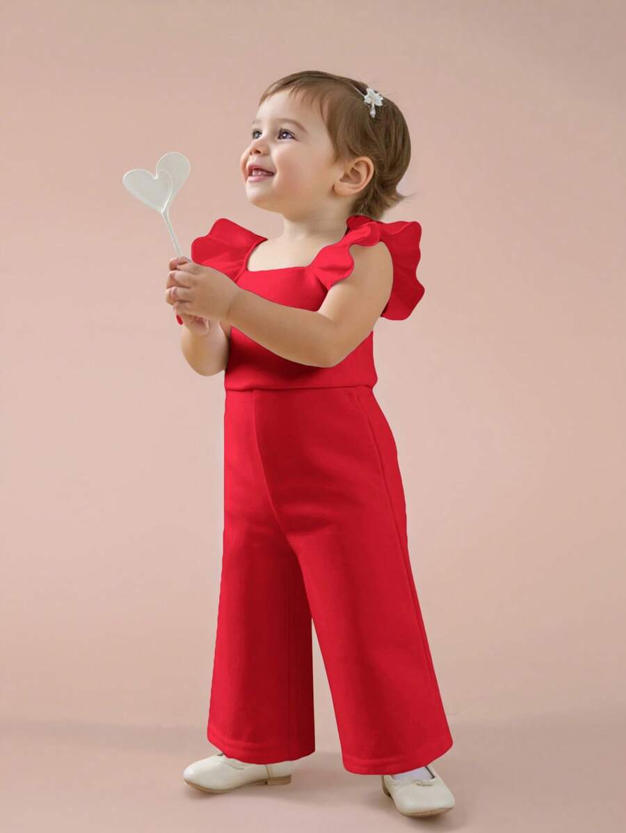 Pelele de verano de niña bebé con volantes de organza roja dividida