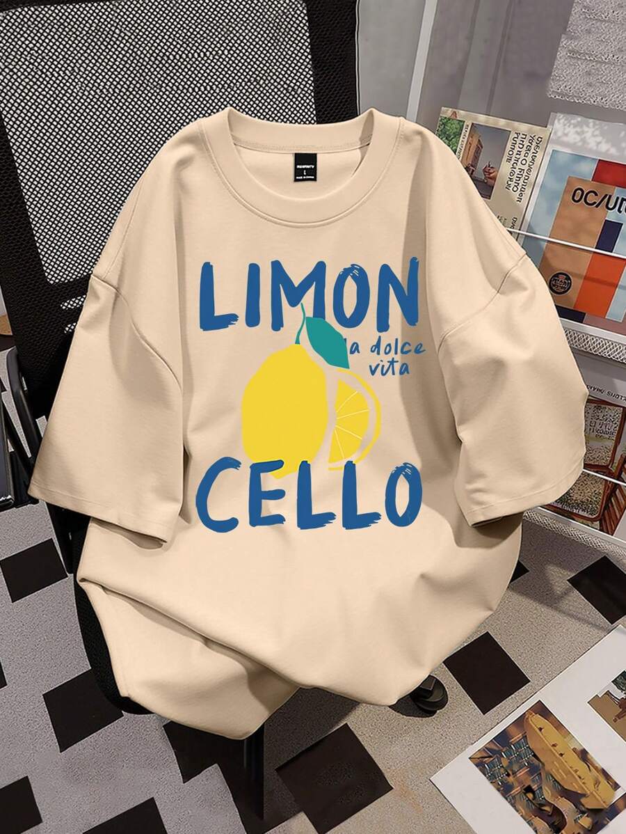 Manfinity Hypemode Fitted Men's Summer T-Shirt With Letter & Lemon Print, Crew Neck