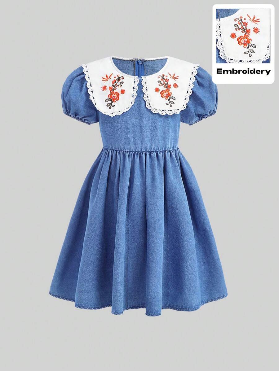 SHEIN Vestido de muñeca con mangas abullonadas y bordado floral de denim