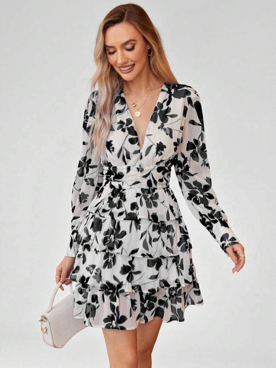 Aveloria Rosie Floral Print Ruffle Hem Long Sleeve Dress Vacation Outfits Woman