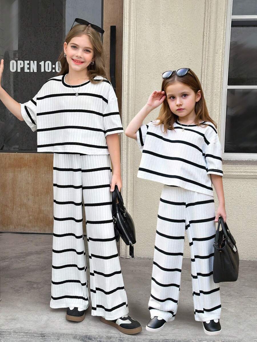 2pcs/Set Young Girl Striped Crew Neck Knit Top And Loose Fit Casual Pants Set
