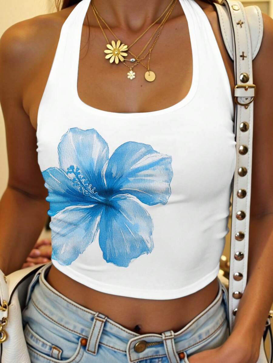SHEIN EZwear Women's Blue Watercolor Floral Print Casual Cami Tank Top, Suitable For Music Festival, Beach Vacation, Romance, Spring Break In Summer