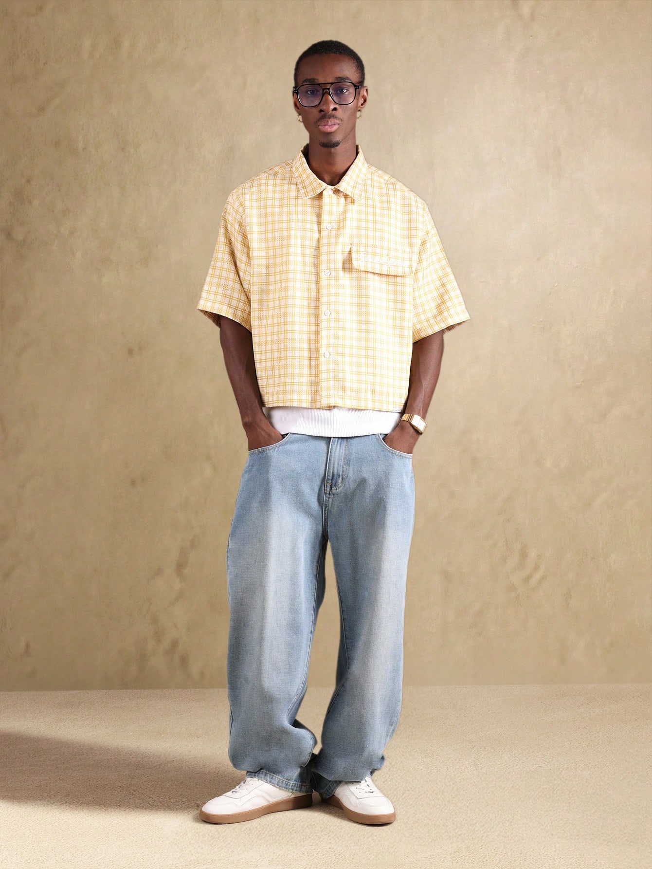 Casual Lightweight Textured Check Cropped Cut Button Down