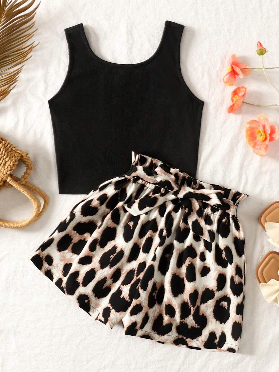 Ensemble 2 pièces avec débardeur noir et short taille papier à imprimé léopard pour jeune fille