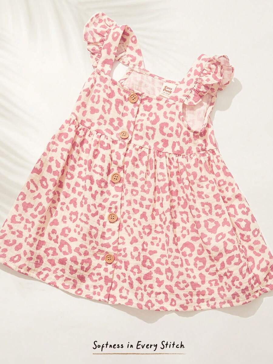 Cozy Pixies Vestido sin mangas con cuello en V con volantes y cintura ceñida de estampado de leopardo para bebé niña