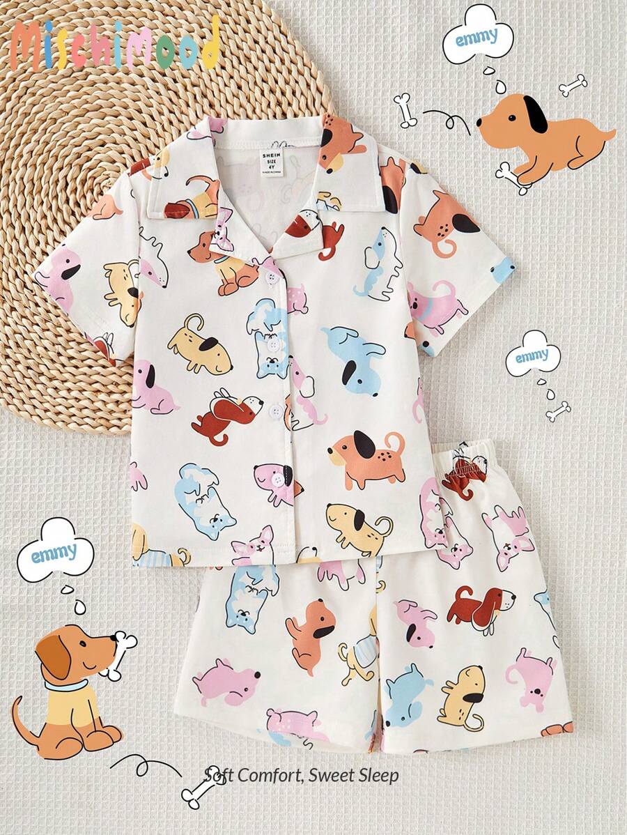 2pcs/Set Tween Girl' Casual Dog Doodle Button-Front Short Sleeve Top And Shorts Loungewear Set Pj Set For Kids Pajama Girl Set