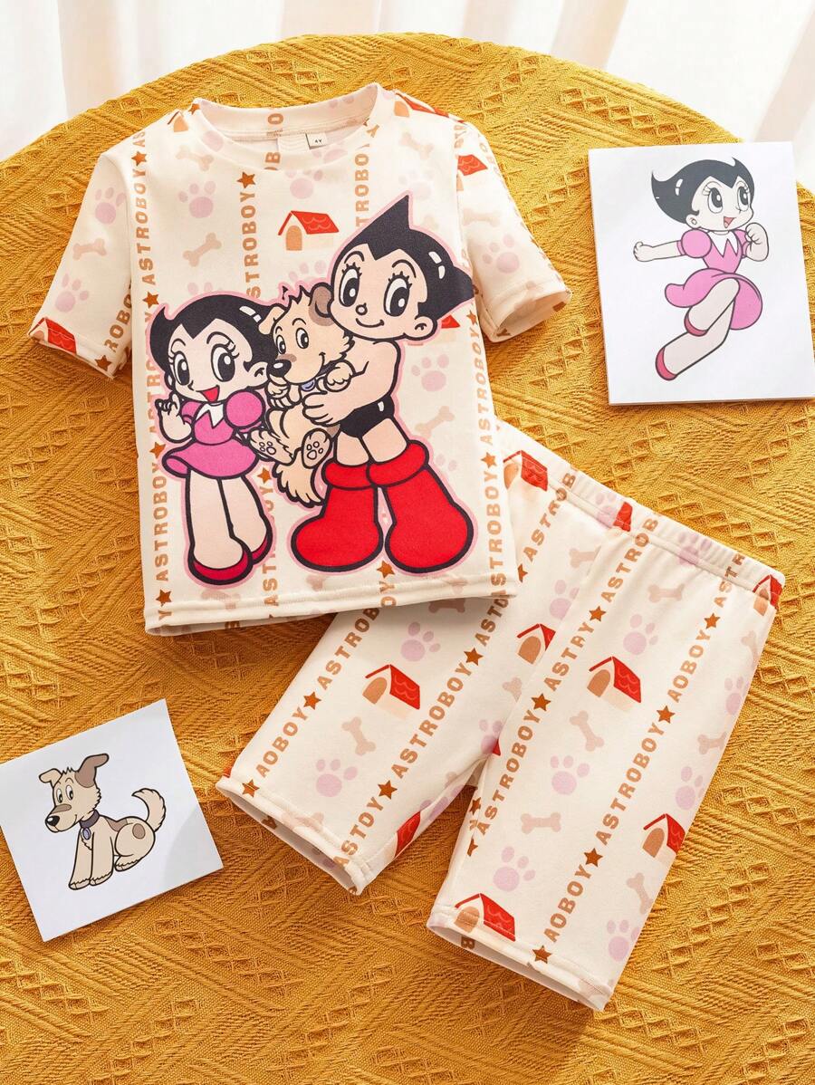 Astro Boy X SHEIN Conjunto de pijama con top de manga corta y shorts con estampado de dibujos animados para niña, color amarillo