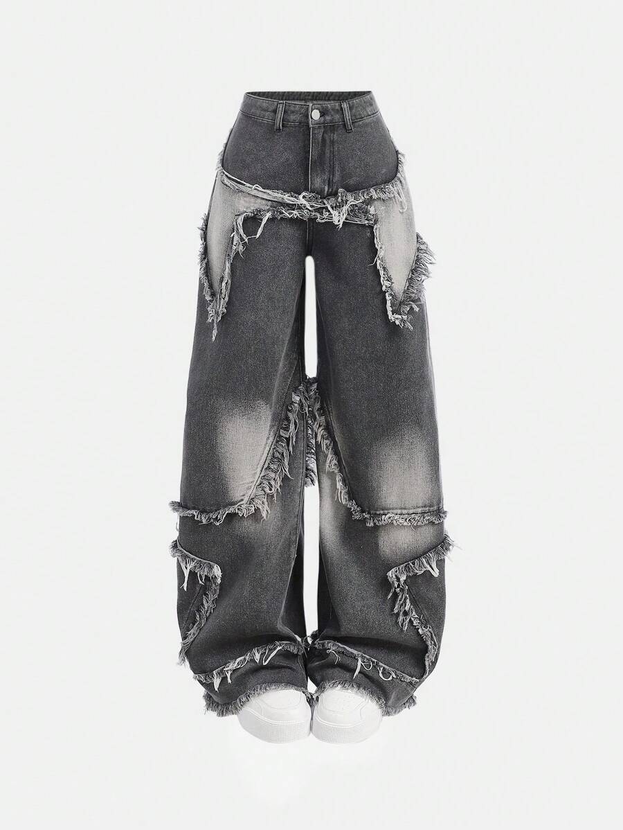 SHEIN Girlism Pantalones vaqueros anchos de pierna ancha, cintura baja, con estampado de estrellas en patchwork, flecos y bolsillos sesgados con dobladillo deshilachado, pantalones de moda Y2K para adolescentes