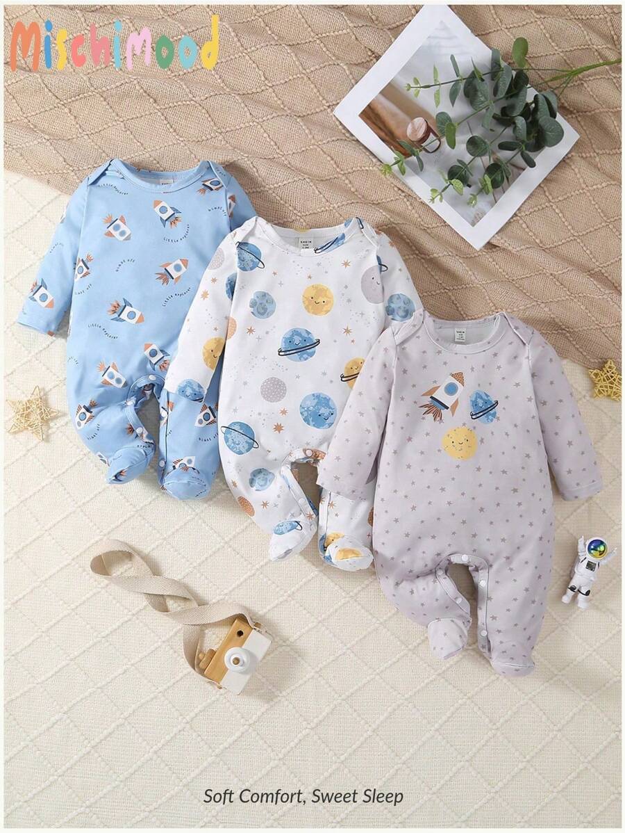 SHEIN 3pcs/Set Baby & Toddler Boys Casual Space Print Long Sleeve Long Romper Jumpsuit Pajama Set