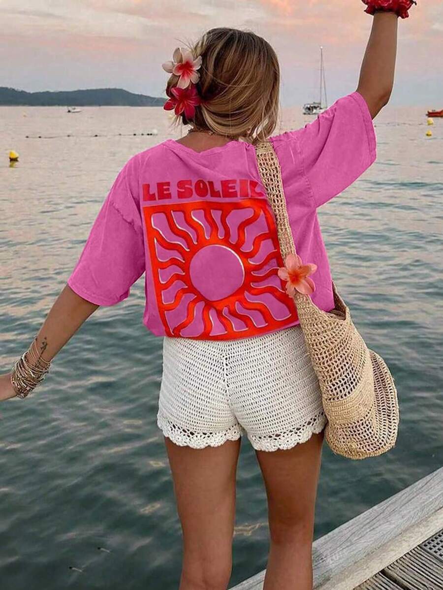 DrmWander Urlaubs Lässig Sonne & Buchstaben Muster Kurzarm T-Shirt