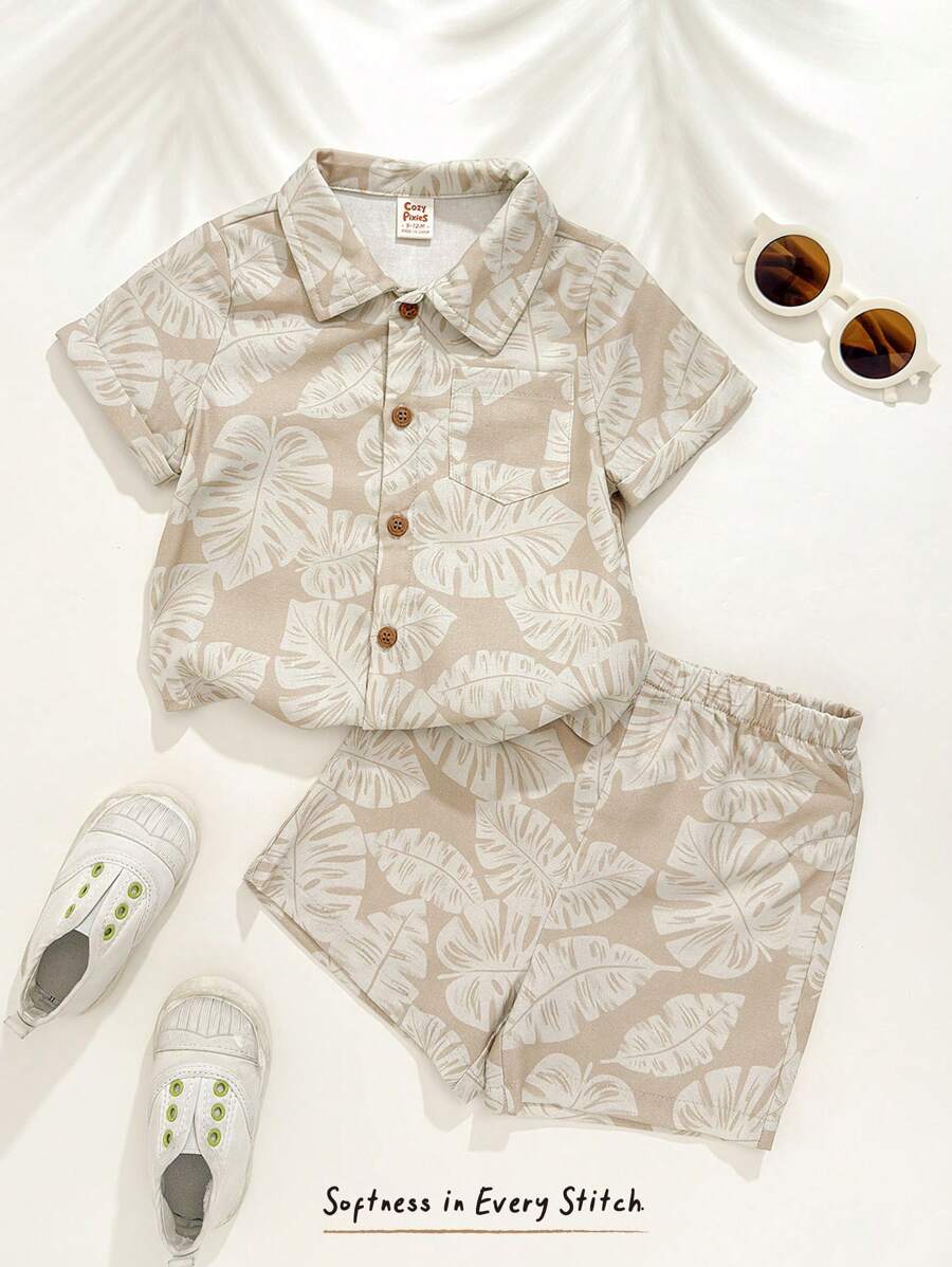 Cozy Pixies 2pcs Baby Boy Plant Floral Pattern Lapel Short Sleeve Cardigan & Elastic Waist Shorts Set