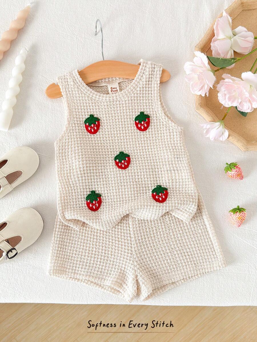 Cozy Pixies Conjunto de 2 piezas para bebé niña: Top con tirantes con estampado de fresa y shorts de cintura elástica