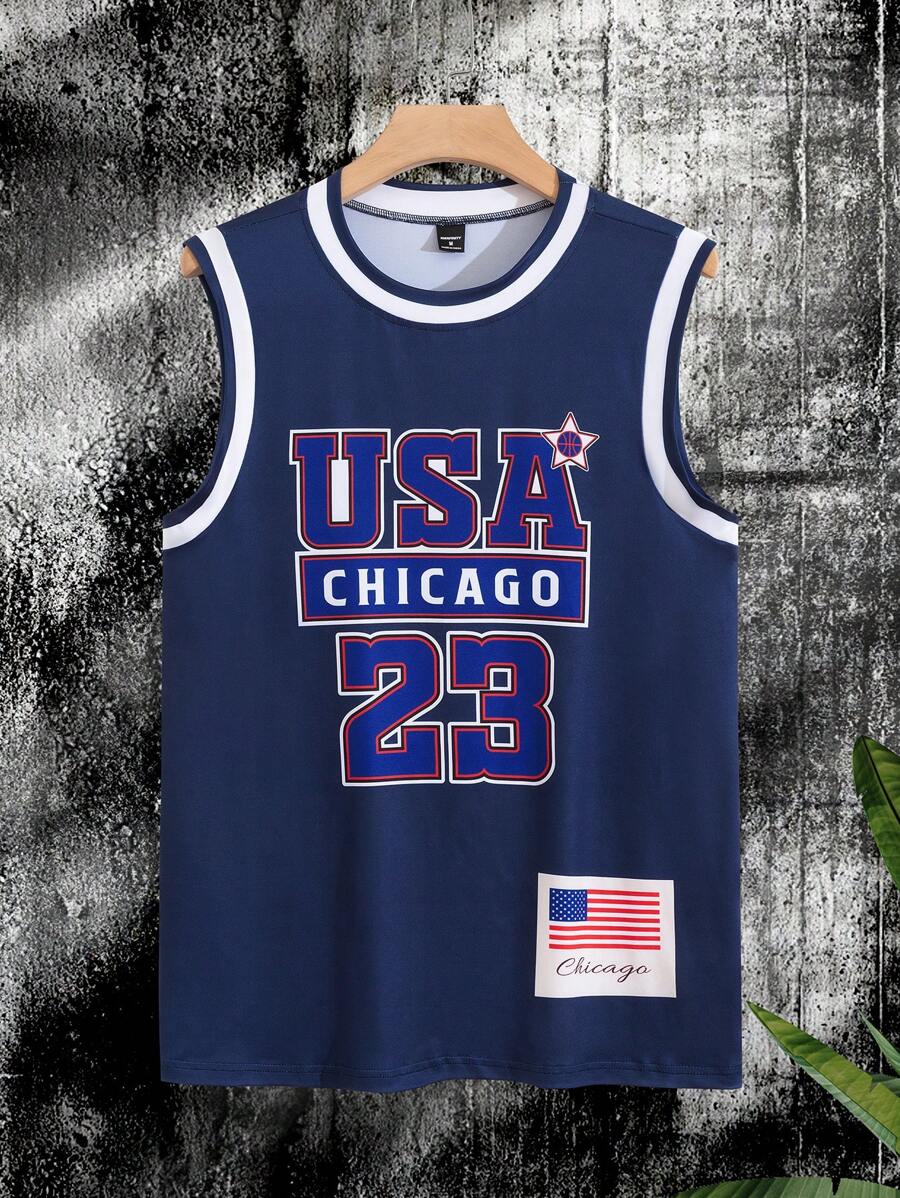 Manfinity Sporsity Men's Summer Casual Letter Print Tank Top Basketball Jersey Sports Jersey, Retro Basketball Shirt, Chicago Jersey