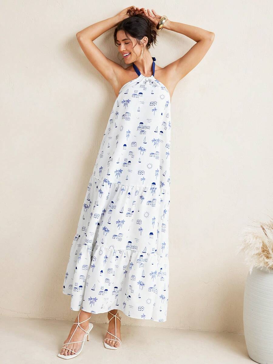 VALERIA GALIPOLI Vestito lungo a-line estivo in stile boho, senza maniche, con scollo ad altalena, con schienale aperto e stampa, adatto per spiaggia