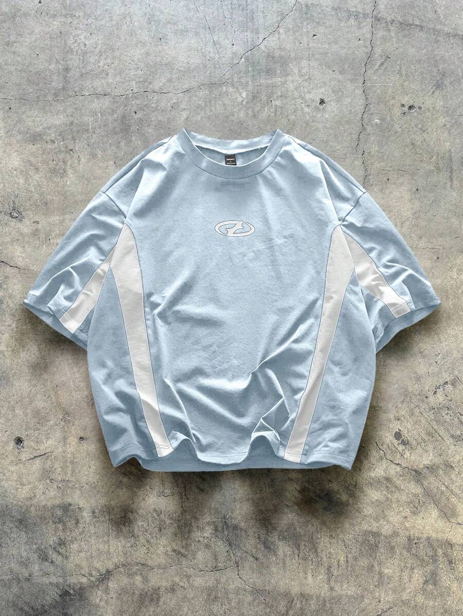 AXEPEAK Maglietta a maniche corte casual e morbida in maglia con effetto patchwork, adatta per il look da strada, per giovani uomini