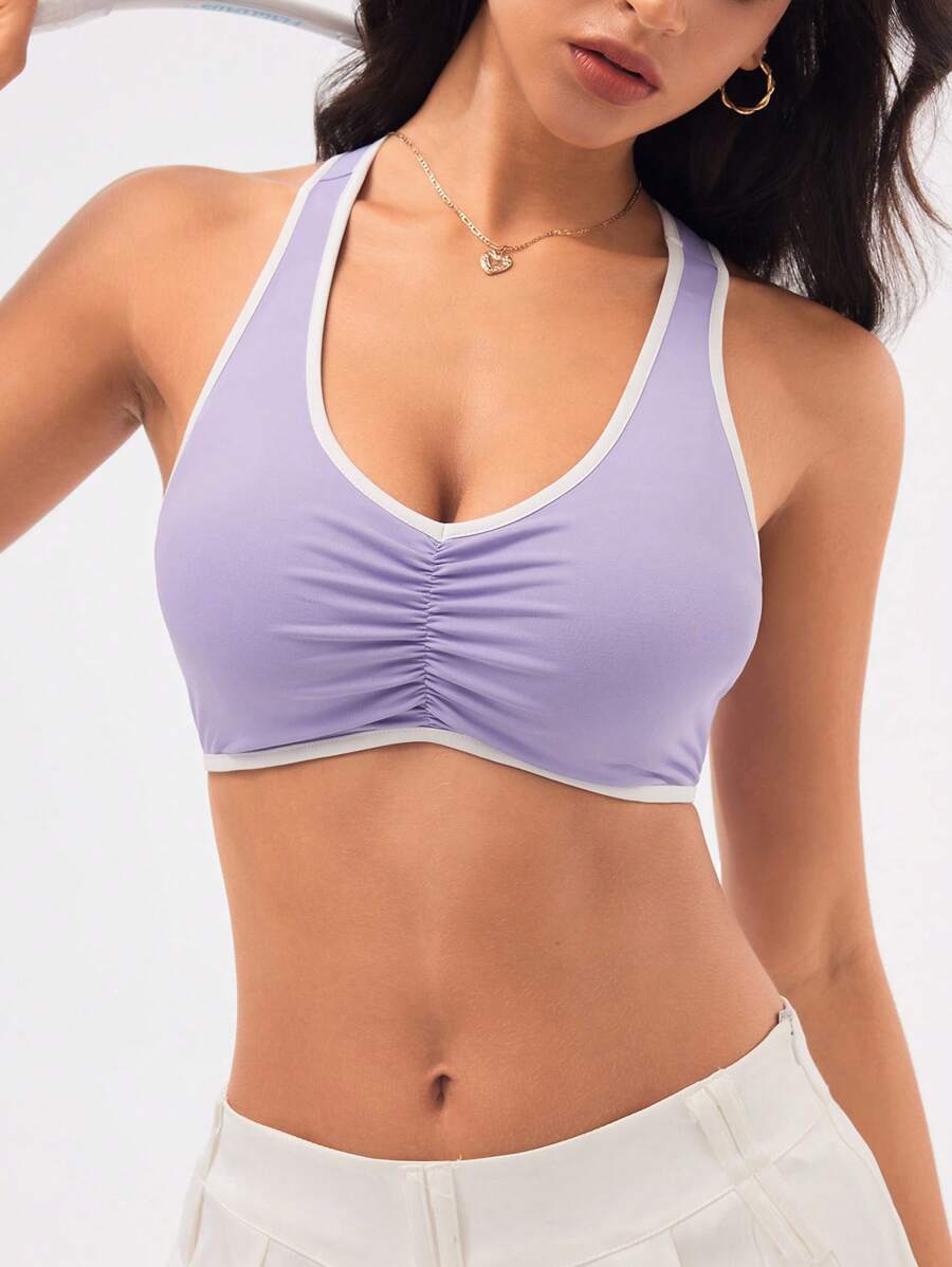 SHEIN Sport Studio Damen Sport-BH mit Kontrastbindung und Rundhalsausschnitt, geraffter Saum, Damenbekleidung, Sport-Trainingskleidung, Damen-Trainingsoberteil, Damen-Sport-BHs, Damen-Sport-Sets