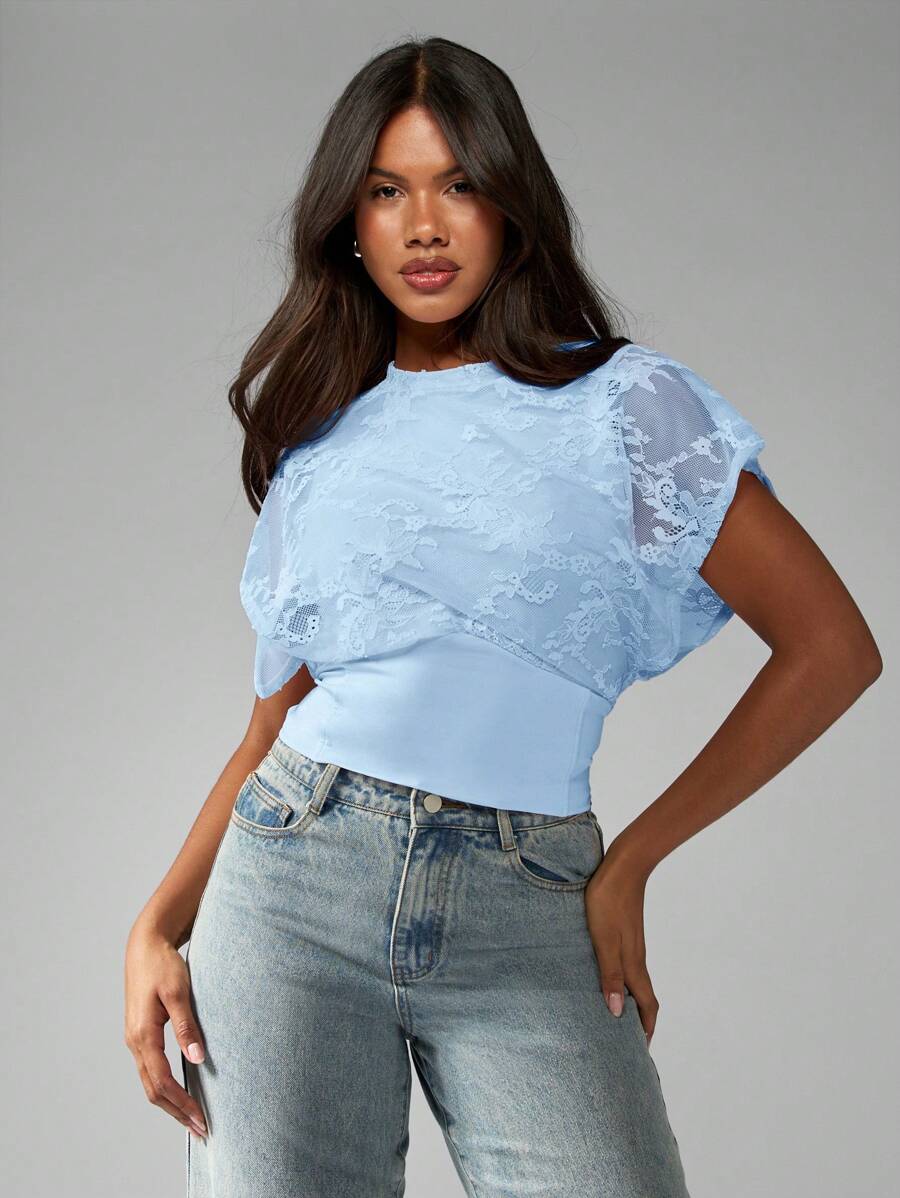 MISSGUIDED Floral Lace Cap Sleeve Form Fitting Summer Top Cinched Waist Blouse Special Occasion Party Cocktail Evening Wear Formal Office