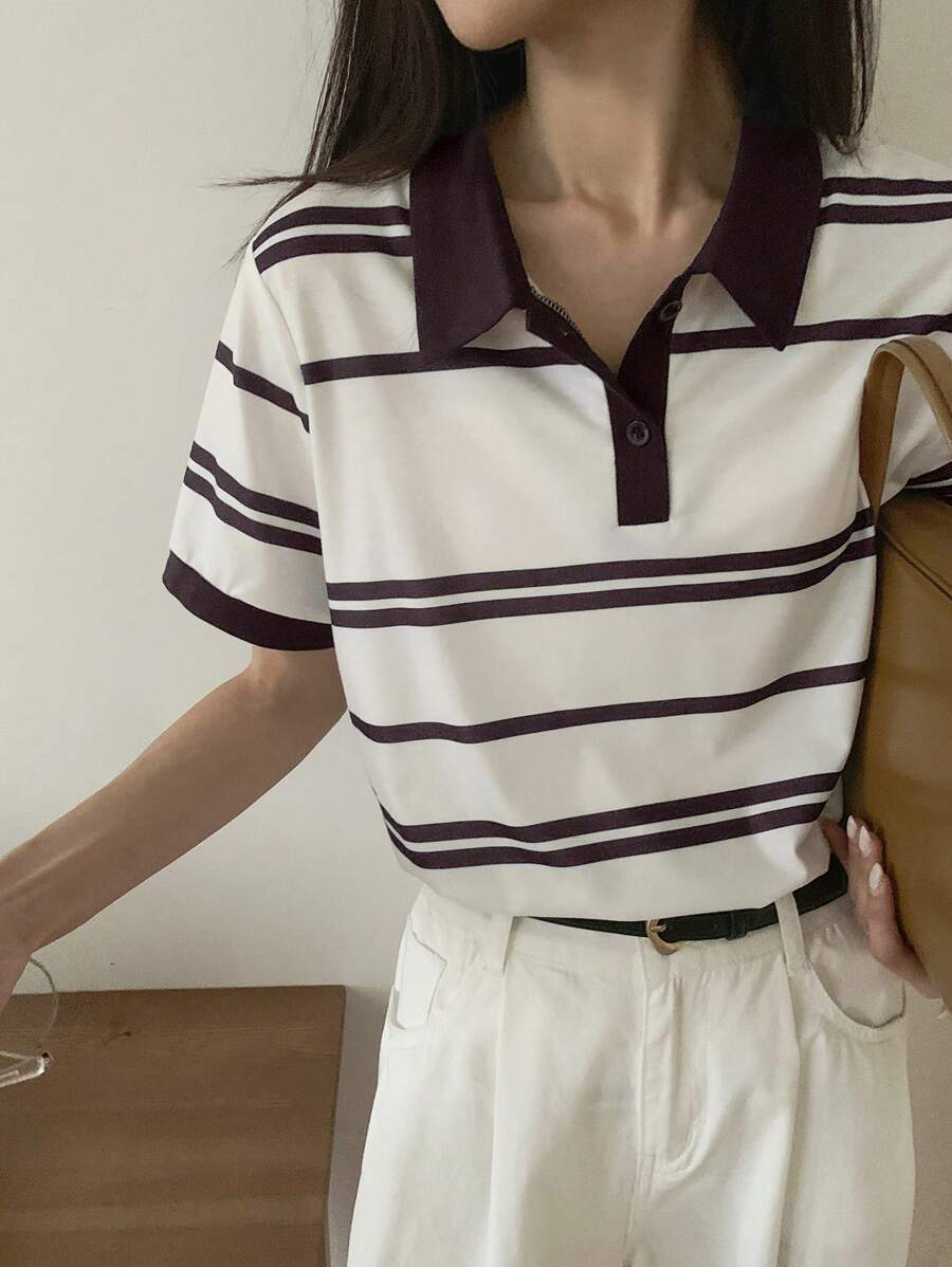 DAZY Maglietta a maniche corte casual estiva da donna con righe a contrasto