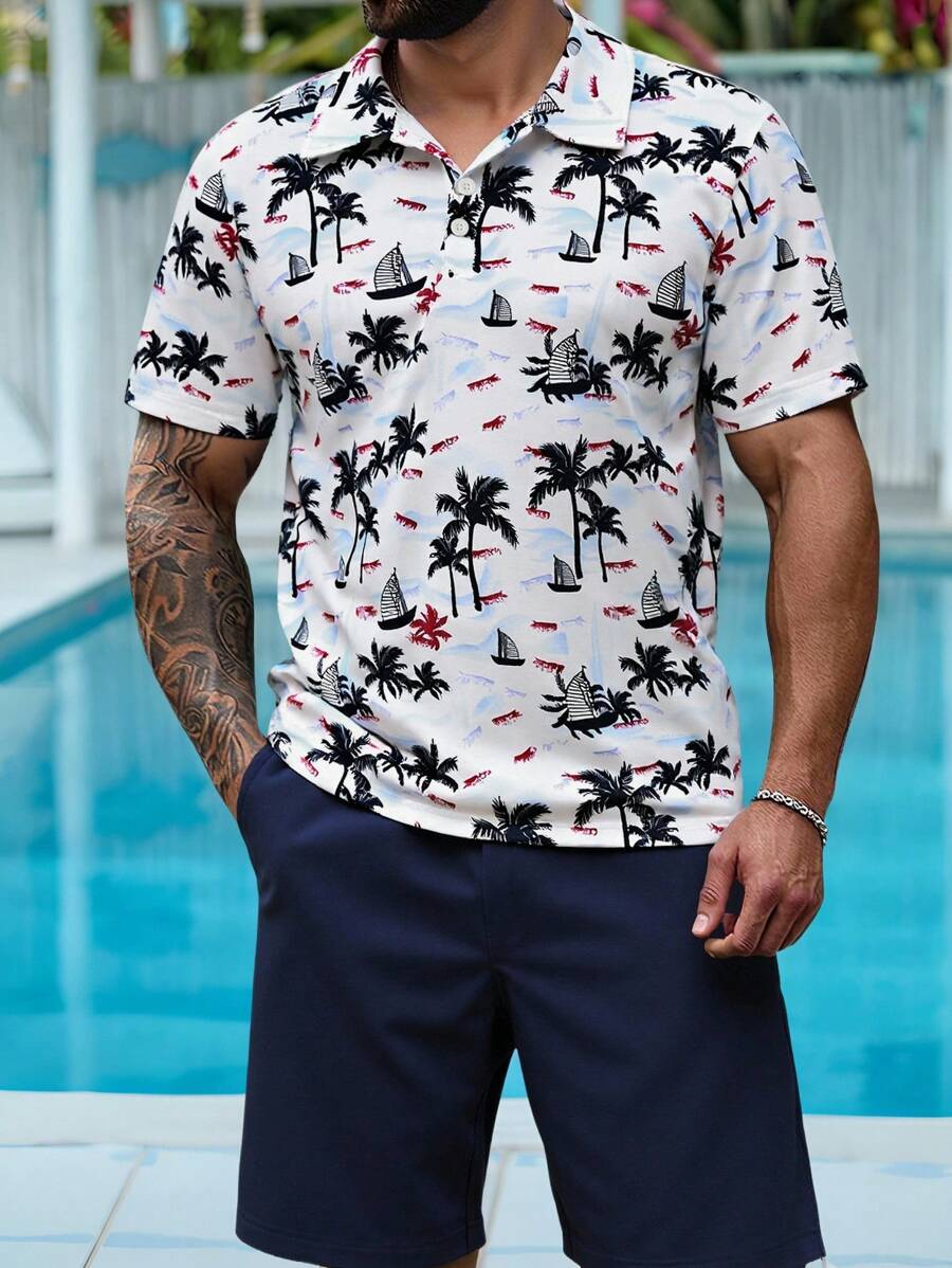 Manfinity Homme Conjunto de camisa polo de manga corta con estampado + pantalones cortos a juego, de moda para el verano para hombre