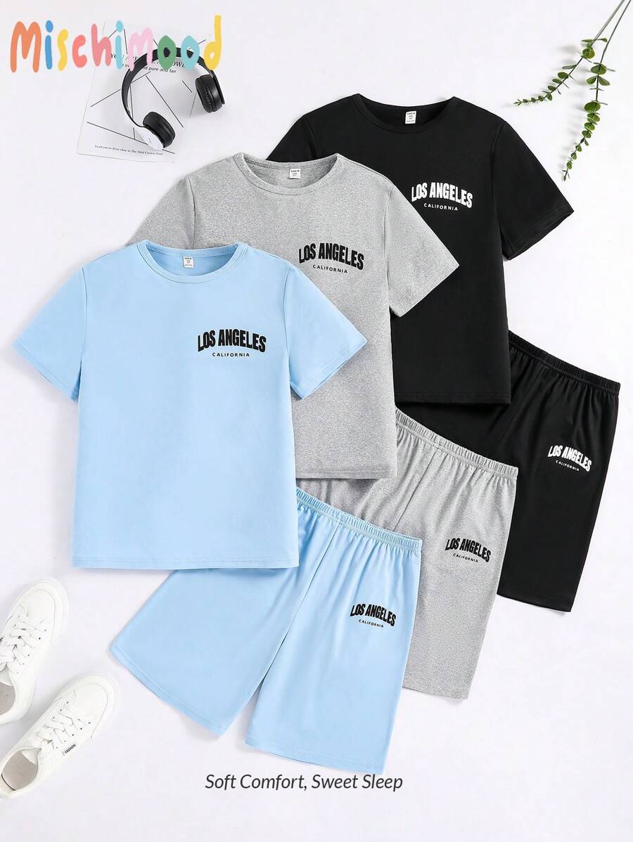 SHEIN Set da 3 pezzi di abbigliamento casual da ragazzo, composto da Maglietta a maniche corte con stampa di lettere inglesi e pantaloncini comodi, per uso domestico