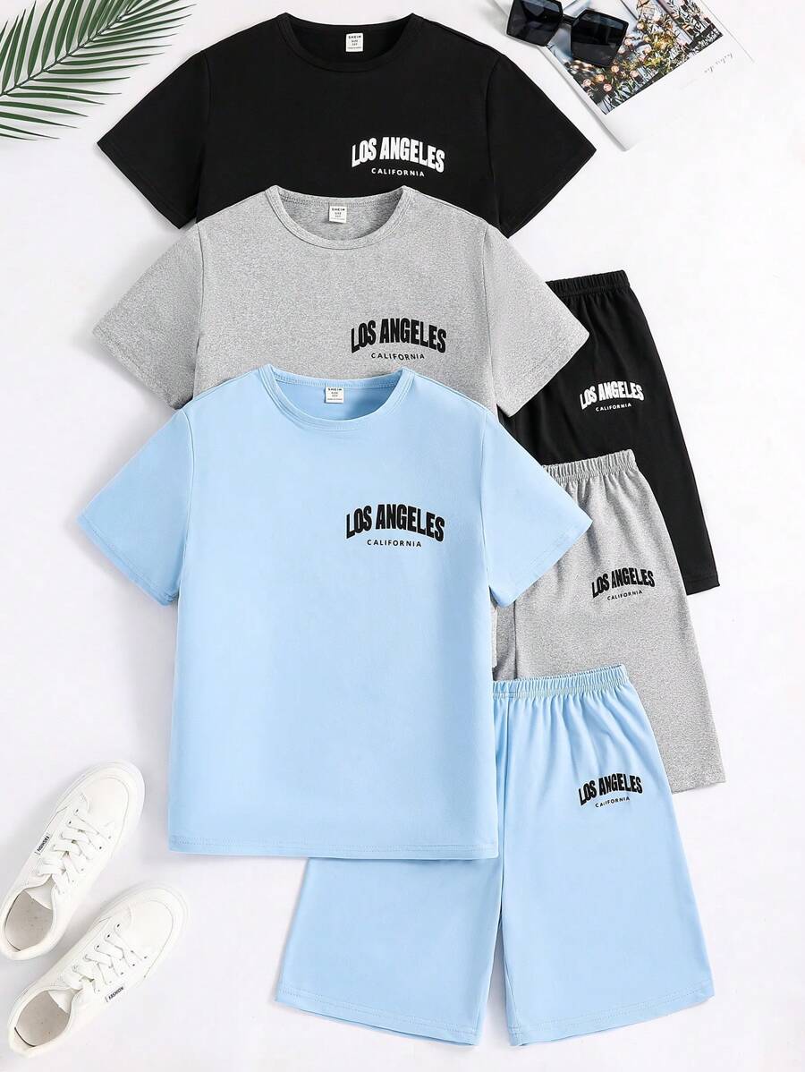 Set de 6 piezas de pijama para adolescentes varones con camisa de manga corta con estampado de letras en inglés y pantalones cortos en combinación de colores negro/gris/azul