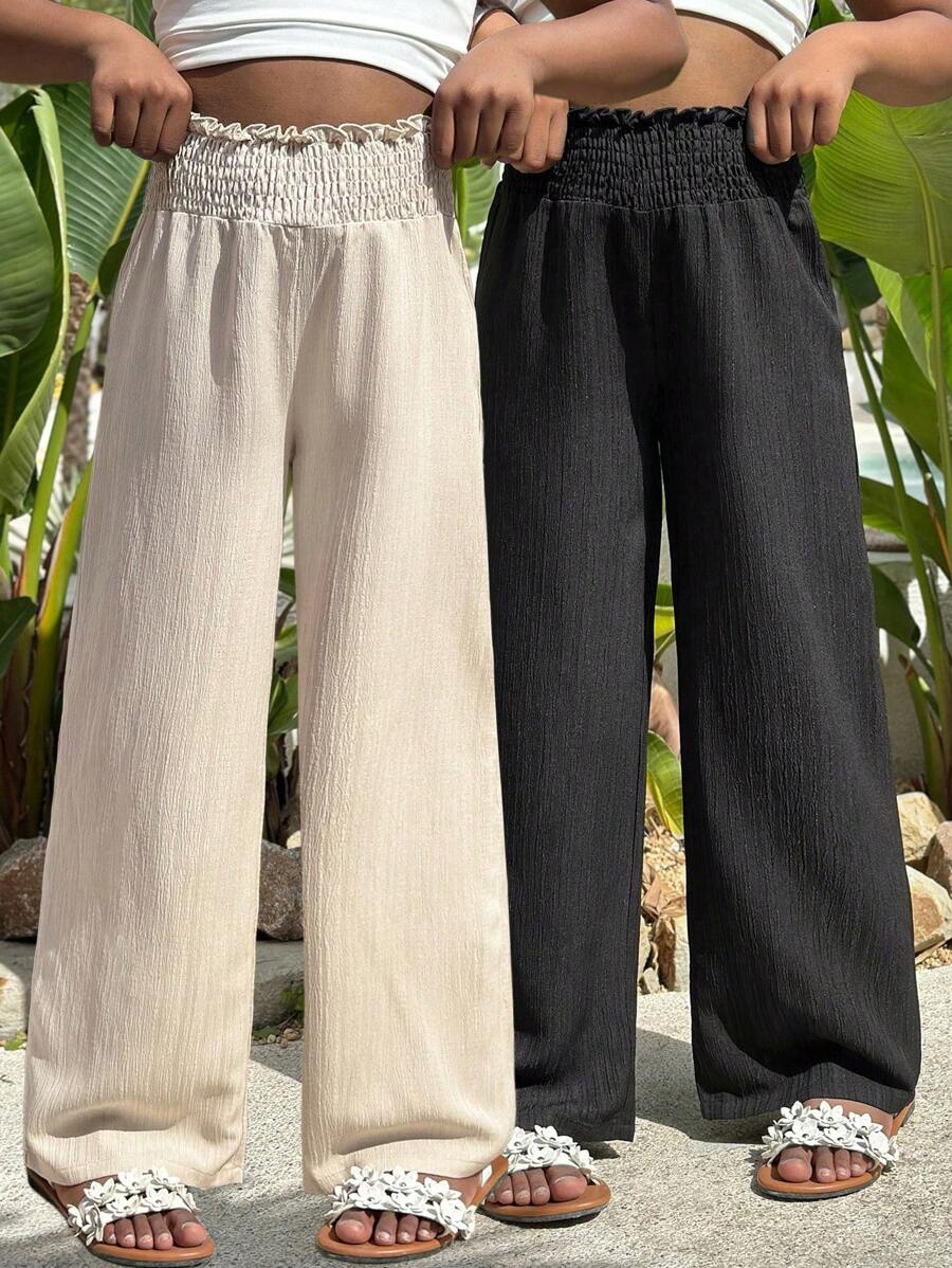 Wildeya 2pcs/Set Girls' Casual Wide Leg Pants With Ruffle Hem, Suitable For Vacation, Travel, Daily Wear