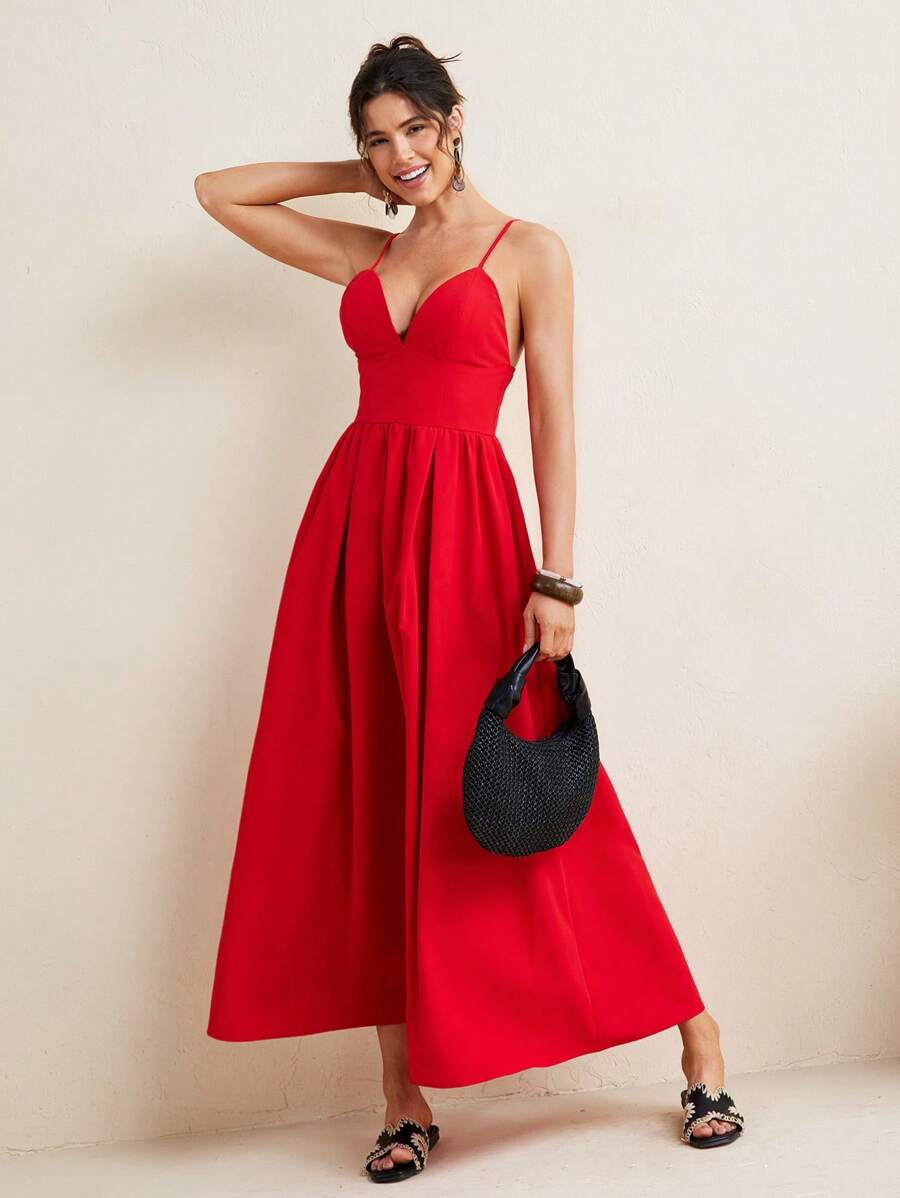VIOLA AND VESPER Vintage Red Spaghetti Strap Corset Woven Poplin Voluminous Midi Dress Women Summer Dress