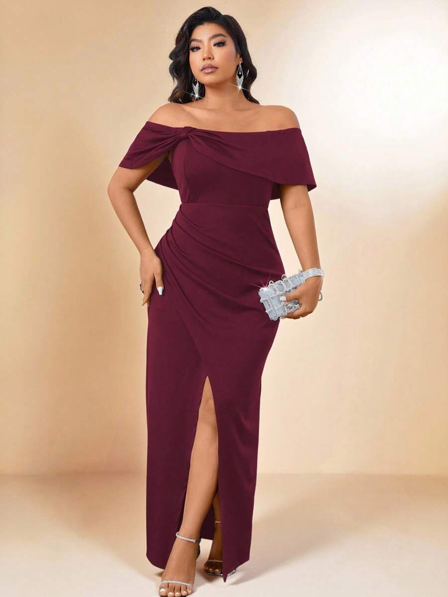Allurite Burgundy Red Plus Size Solid Color Off-Shoulder Twisted Front High Slit Dress For Spring/Summer Wedding