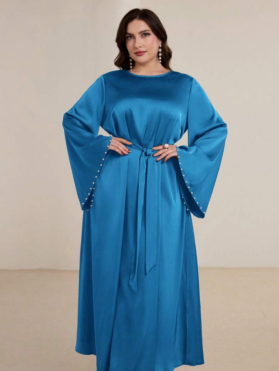 Graceveil Plus Size Women Flared Sleeve Pearl Beaded Arabic Style Dress Modest