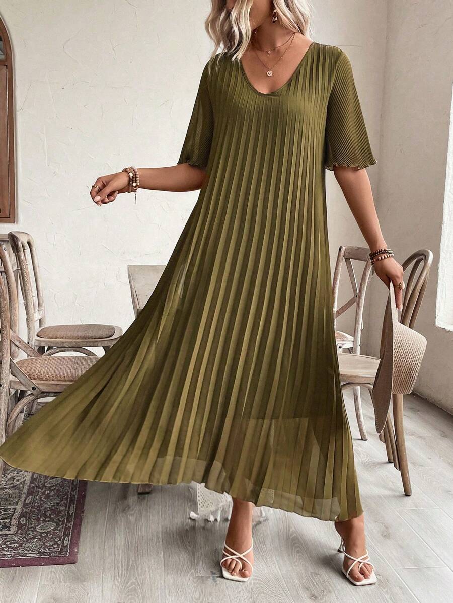 SHEIN LUNE Vestido con mangas fruncidas y volantes para mujer de talla grande
