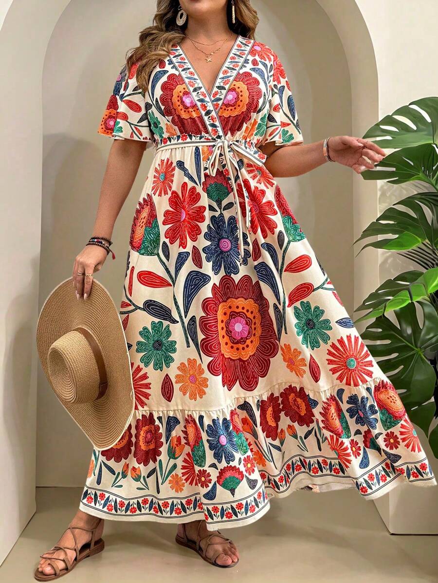 Breezaya Robe midi d'été à foulards, col en V, ceinturée, avec volants à l'ourlet, imprimé art abstrait tropical, pour grande taille