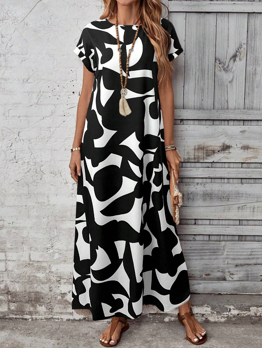 EMERY ROSE Women's Full Print Long Vacation Casual Dress,Bohemian Clothes