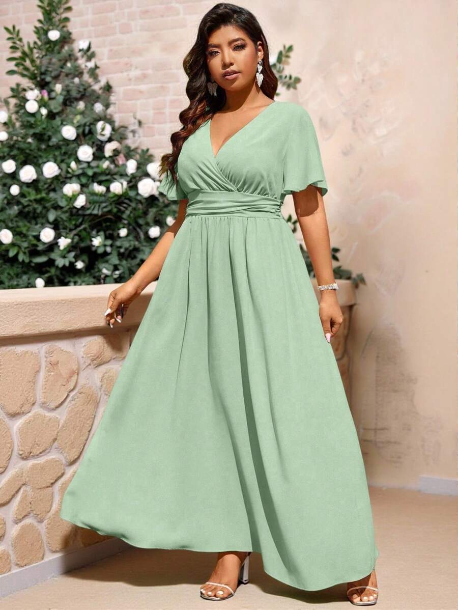 Cravure Robe longue couleur unie amincissante de taille, pour tenue femme grande taille pour Noël, mariage