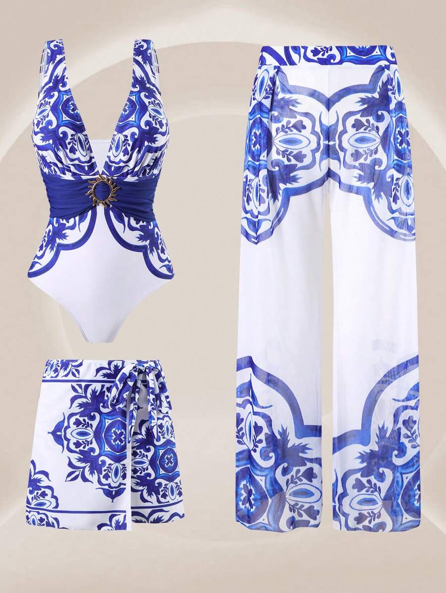 Swim Oasis 1 Stück Große Größen Einteiliger Badeanzug Set mit 3 Stücke, für Damen Sommer Urlaub Strandmode