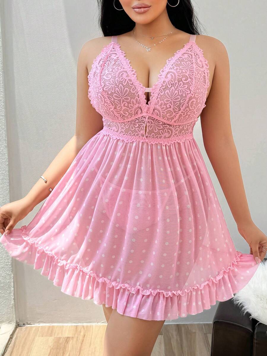 SHEIN 2pcs Plus Size Lace Contrast Mesh Sexy Lingerie Set